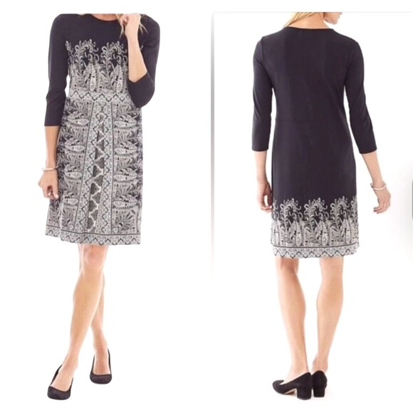 J. Jill Paisley Dress Medium TALL Wearever Black Gray Pleated 3/4 Sleeve Stretch - Picture 9 of 13